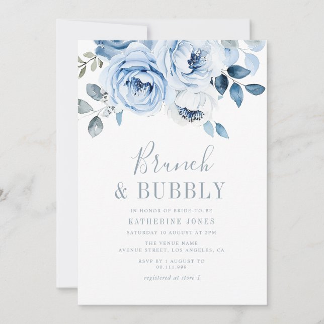 dusty blue floral brunch & bubbly invitation (Front)