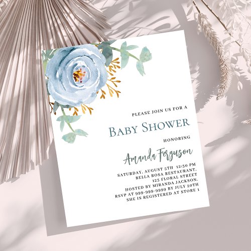 Dusty blue floral budget baby shower invitation