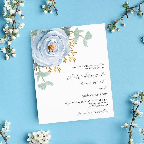 Dusty blue floral budget wedding invitation