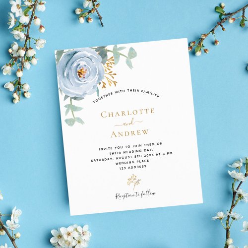 Dusty blue floral budget wedding invitation