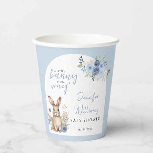 Dusty blue floral bunny baby boy shower paper cups