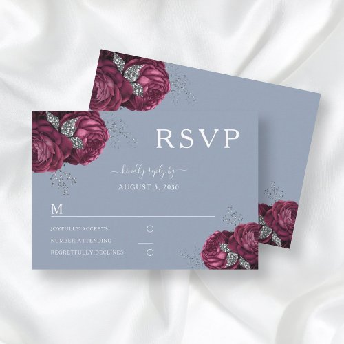 Dusty Blue Floral Burgundy Peonies Elegant Wedding RSVP Card