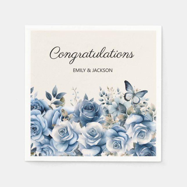 Dusty Blue Floral Butterflies Engagement Napkins (Front)
