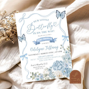 Dusty Blue Floral Butterfly Baby Shower Invitation