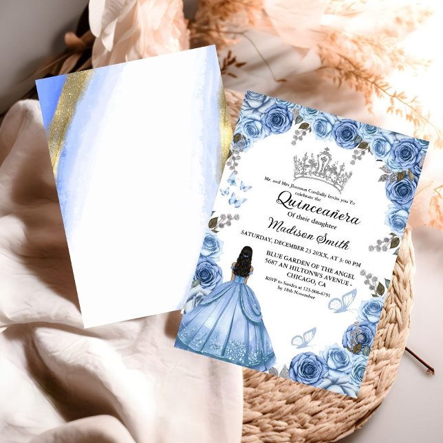 Dusty Blue Floral Butterfly Girl Quinceanera  Invitation (Creator Uploaded)