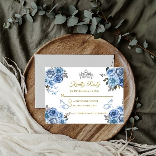 Dusty Blue Floral Butterfly  Gold Quinceanera RSVP Enclosure Card