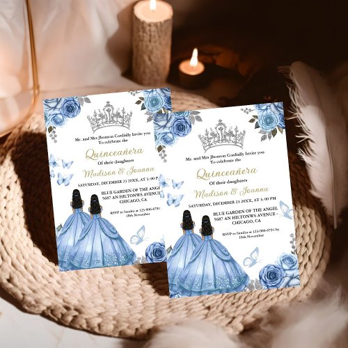 Dusty Blue Floral Butterfly Twin Girl Quinceanera  Invitation
