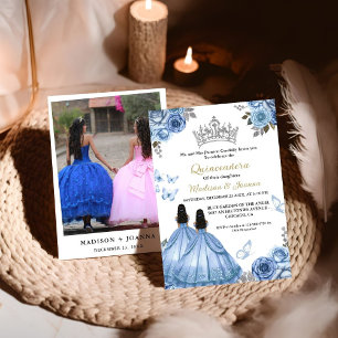 Dusty Blue Floral Butterfly Twin Girl Quinceanera Invitation