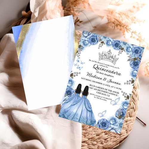 Dusty Blue Floral Butterfly Twin Girl Quinceanera  Invitation