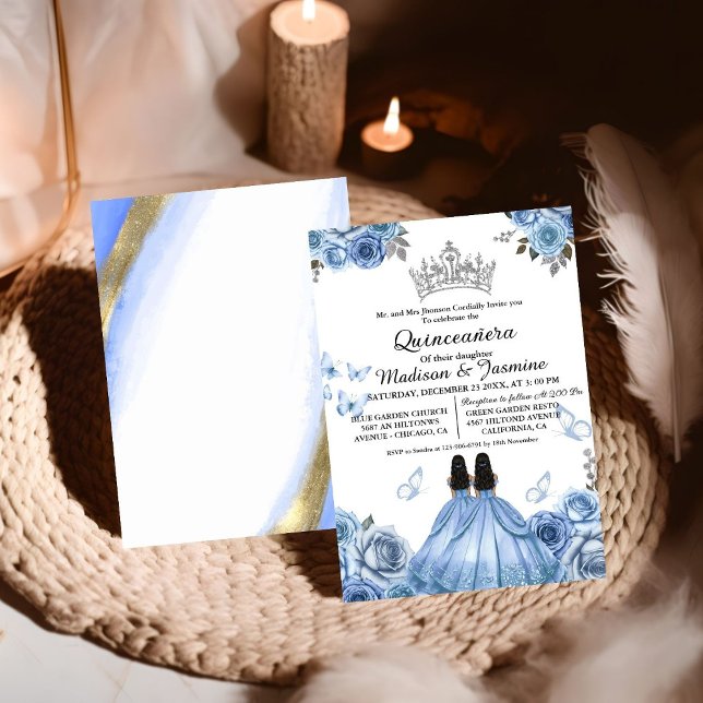 Dusty Blue Floral Butterfly Twin Quinceanera Invitation (Creator Uploaded)