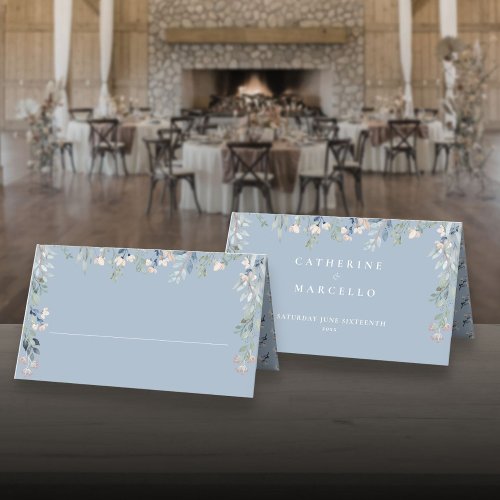 Dusty Blue Floral Cacscade Wedding  Place Card
