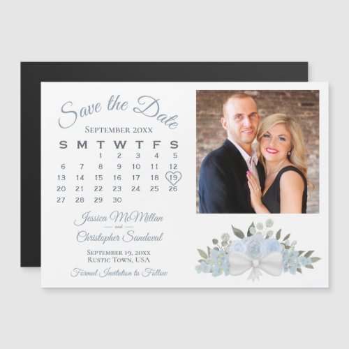 Dusty Blue Floral Calendar Photo Save the Date Magnetic Invitation