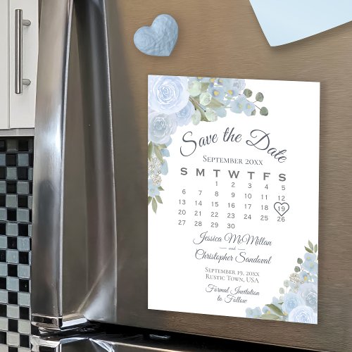 Dusty Blue Floral Calendar Save the Date Magnet