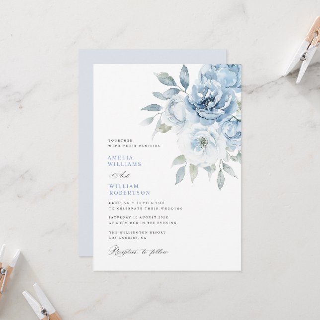 dusty blue floral calligraphy wedding invitation (Front/Back In Situ)