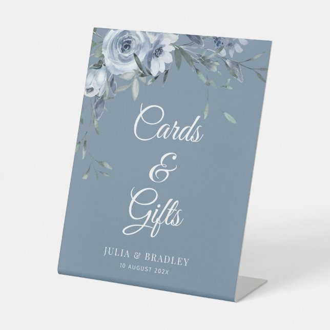 dusty blue floral cards & gifts wedding sign (Front)