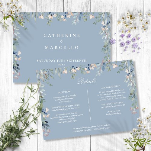 Dusty Blue Floral Cascade Wedding Details Card