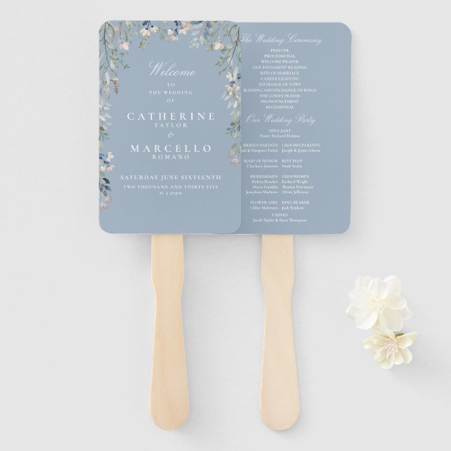 Dusty Blue Floral Cascade Wedding Program Hand Fan (Front and Back)