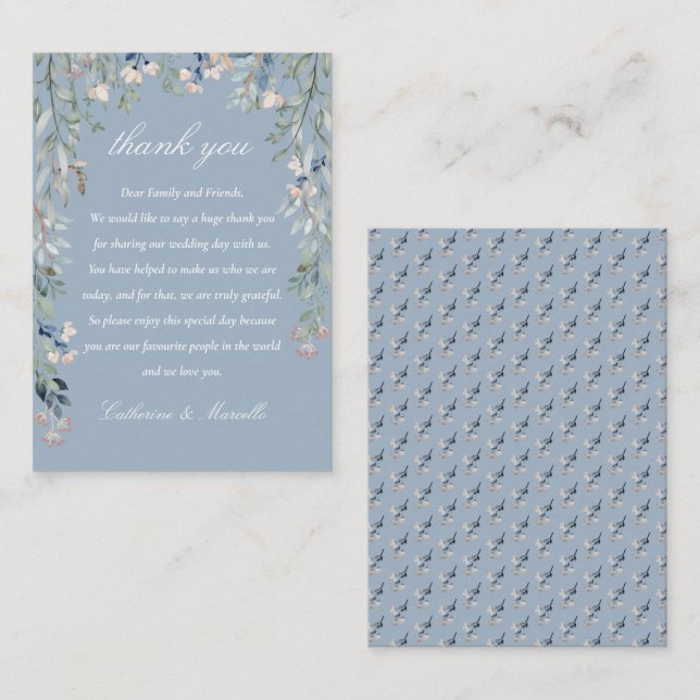 Dusty Blue Floral Cascade Wedding Thank You Place Card (Front/Back)