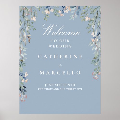 Dusty Blue Floral Cascade Wedding Welcome Sign