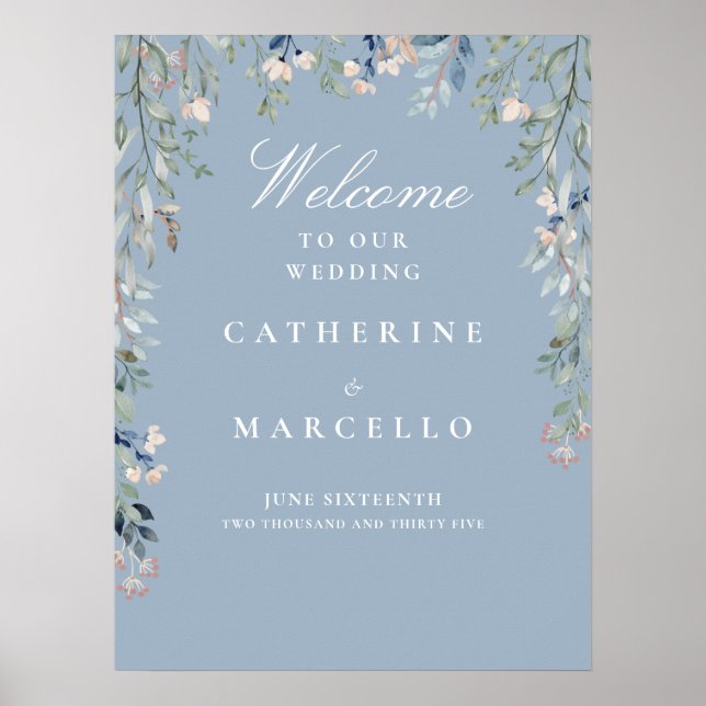 Dusty Blue Floral Cascade Wedding Welcome Sign (Front)