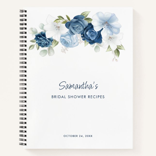 Dusty Blue Floral Chic Bridal Shower Recipe Book (Front)