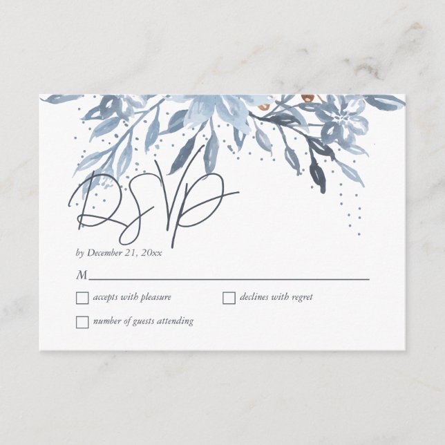 Dusty Blue Floral Chic Script Winter Theme RSVP Enclosure Card (Front)