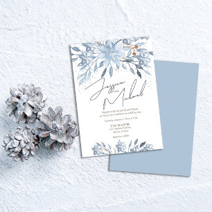 Dusty Blue Floral Chic Script Winter Theme Wedding Invitation