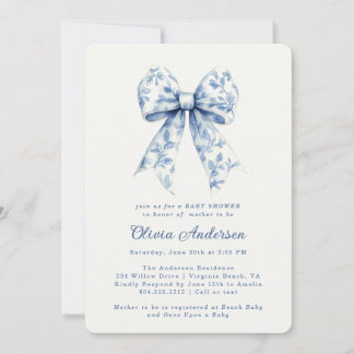 Dusty Blue Floral Chinoiserie Bow Baby Shower Invitation
