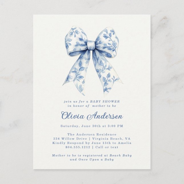 Dusty Blue  Floral Chinoiserie Bow Baby Shower  Postcard (Front)