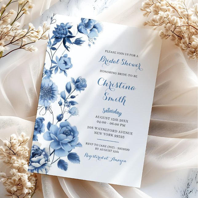 Dusty Blue Floral Chinoiserie Bridal Shower Invitation (Creator Uploaded)