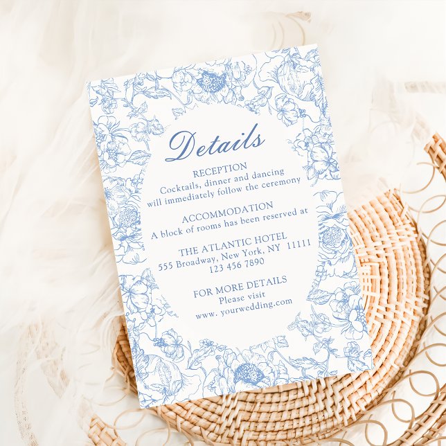 Dusty Blue Floral Chinoiserie Wedding Details Enclosure Card (Creator Uploaded)