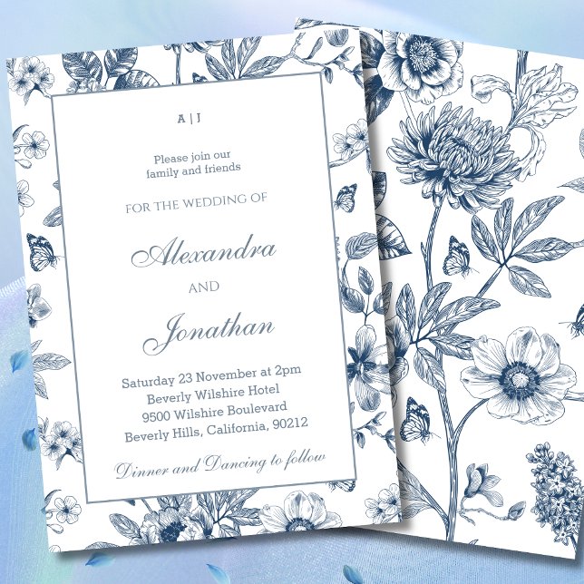 Dusty Blue Floral Chinoiserie Wedding Invitation (Creator Uploaded)