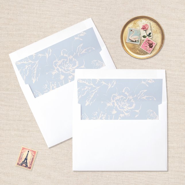 Dusty Blue Floral Chinoiserie Wedding Invitation Envelope Liner (Creator Uploaded)