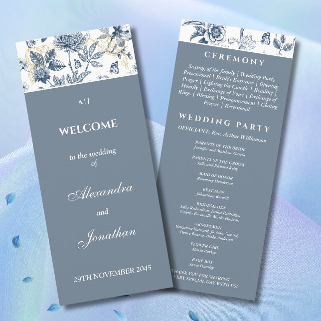 Dusty Blue Floral Chinoiserie Wedding Program (Creator Uploaded)