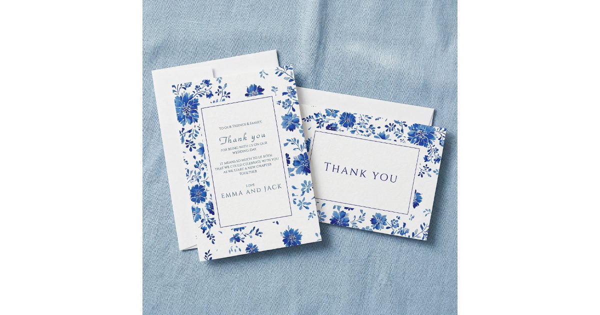 Dusty Blue Floral Chinoiserie Wedding Thank You Card | Zazzle