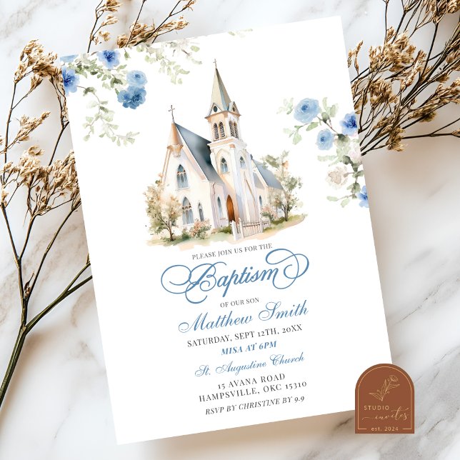 Dusty Blue Floral Classical Church Baptism Invitation (Creator Uploaded)