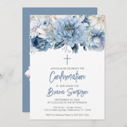 Dusty Blue Floral Confirmation Invitation