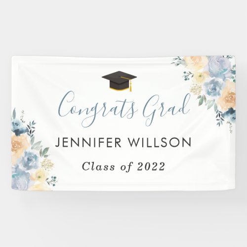 Dusty Blue Floral Congrats Grad Graduation Party Banner