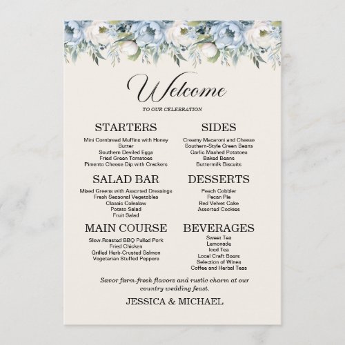 Dusty Blue Floral Country Wedding Reception Menu