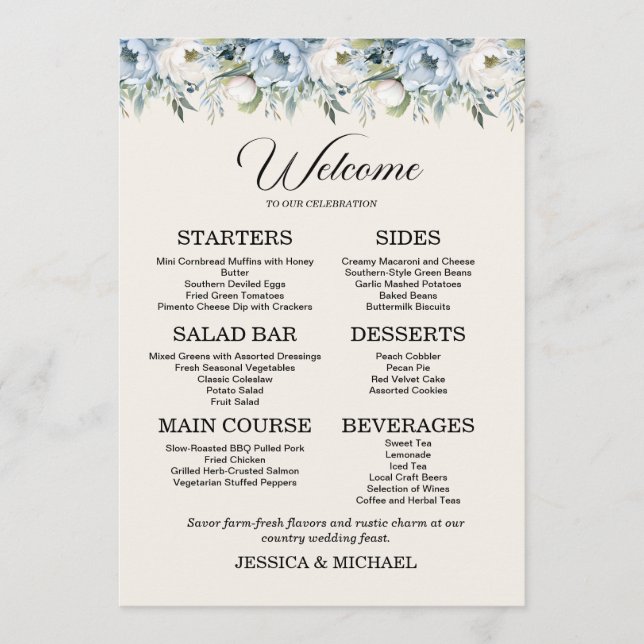 Dusty Blue Floral Country Wedding Reception Menu (Front)