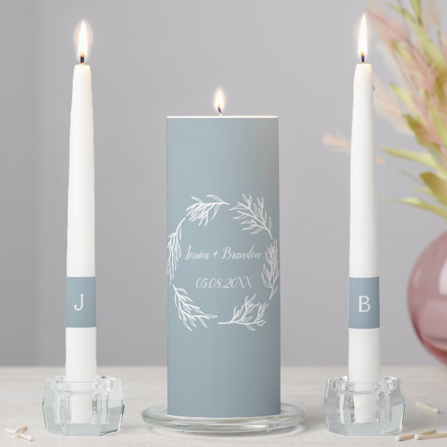 Dusty Blue Floral Couple Monogrammed Elegant Unity Candle Set (In Situ)