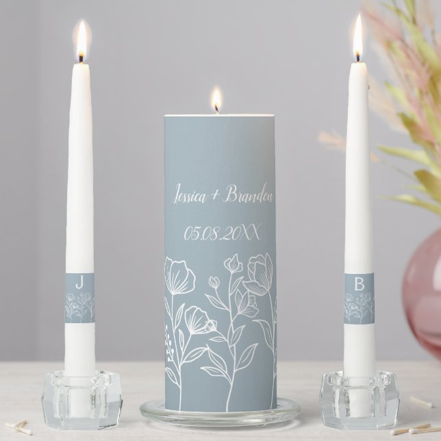 Dusty Blue Floral Couple Monogrammed Elegant Unity Candle Set (In Situ)