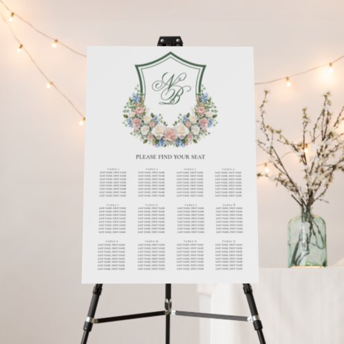 Dusty Blue Floral Crest 12 Table Seating Chart Foam Board