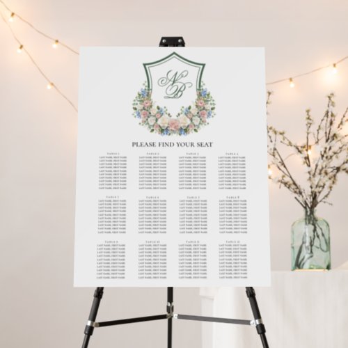 Dusty Blue Floral Crest 12 Table Seating Chart Foam Board