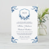 Dusty Blue Floral Crest All in One QR Code Wedding Invitation (Standing Front)
