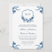 Dusty Blue Floral Crest All in One QR Code Wedding Invitation (Front)