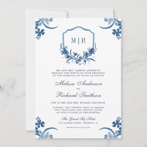 Dusty Blue Floral Crest All in One QR Code Wedding Invitation | Zazzle