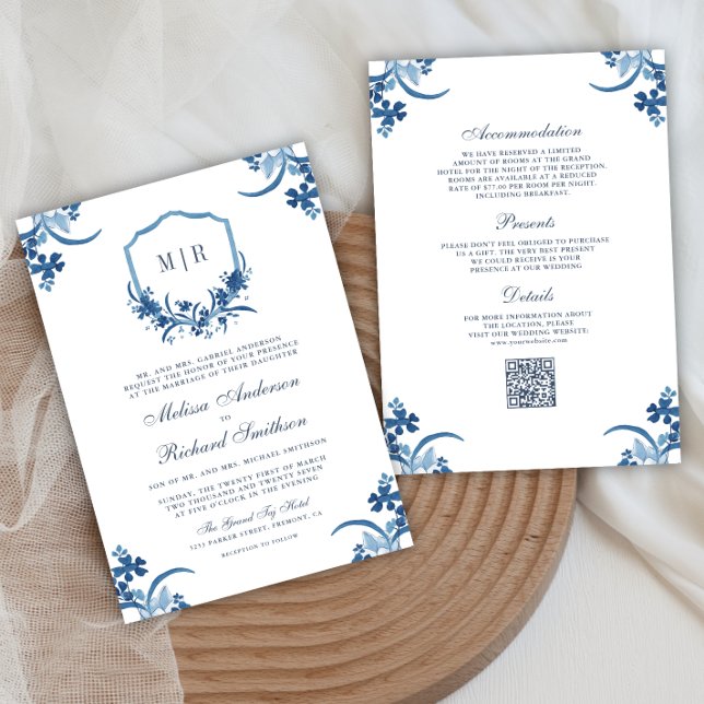 Dusty Blue Floral Crest All in One QR Code Wedding Invitation