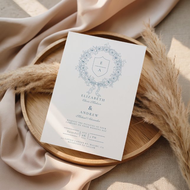 Dusty Blue Floral Crest Baroque Wedding Invitation (Creator Uploaded)