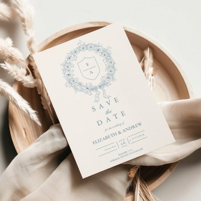 Dusty Blue Floral Crest Baroque Wedding Save The Date (Creator Uploaded)